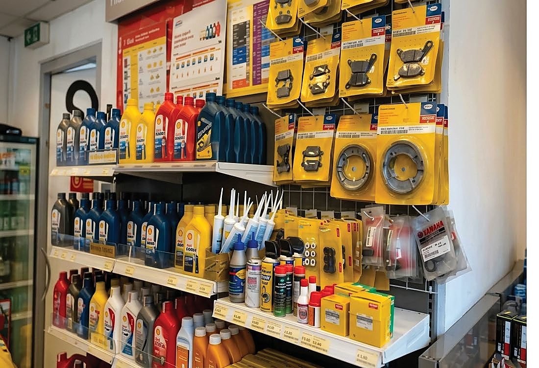 Accessories shelf with oils and parts