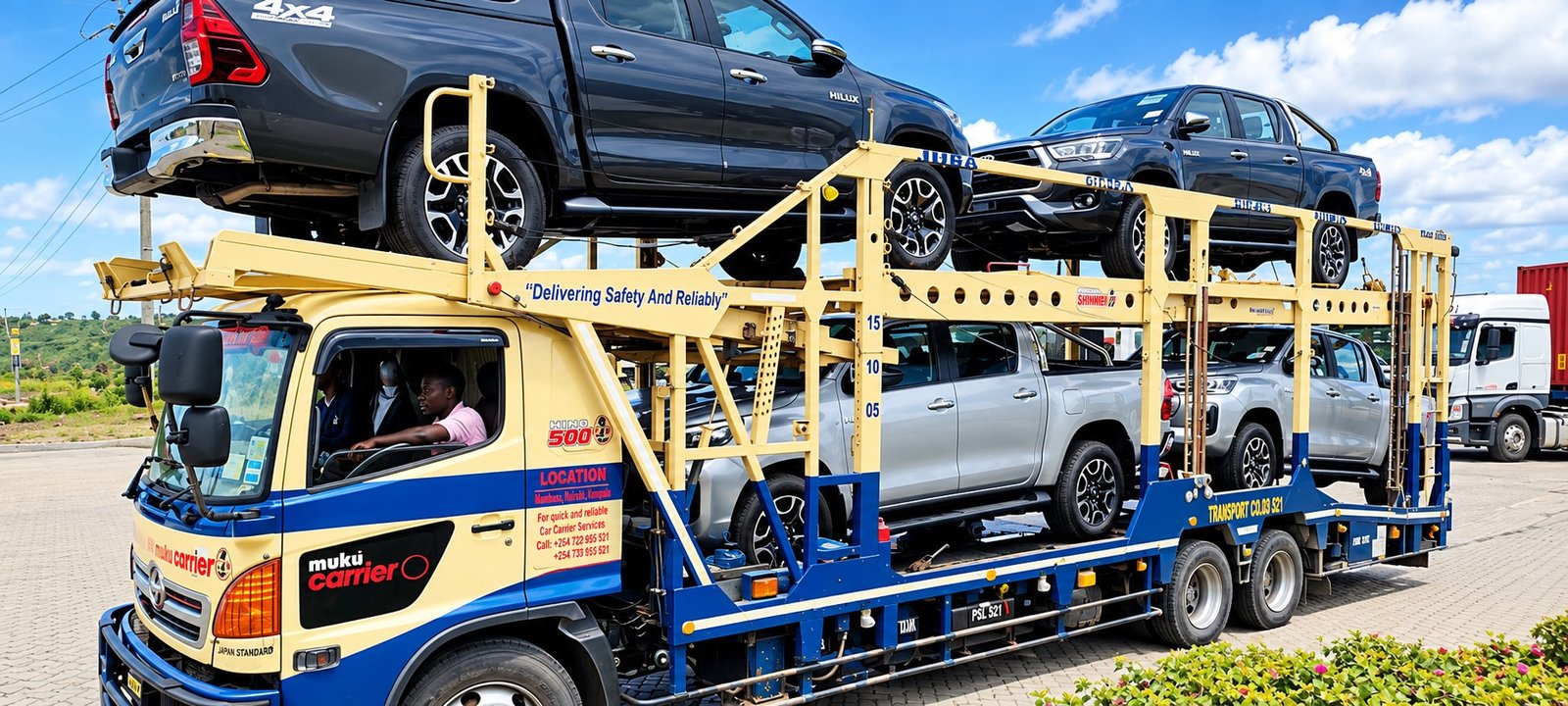 Vehicle carrier delivering Toyota pick-ups